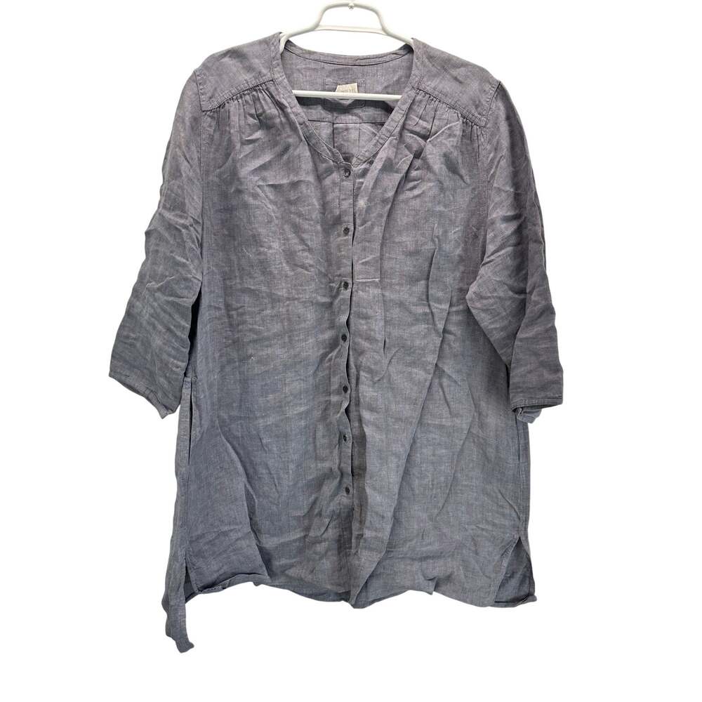 Poetry Gray Linen Button Up 3/4 Sleeve Tunic Blouse Shirt Linen Lagenlook 16